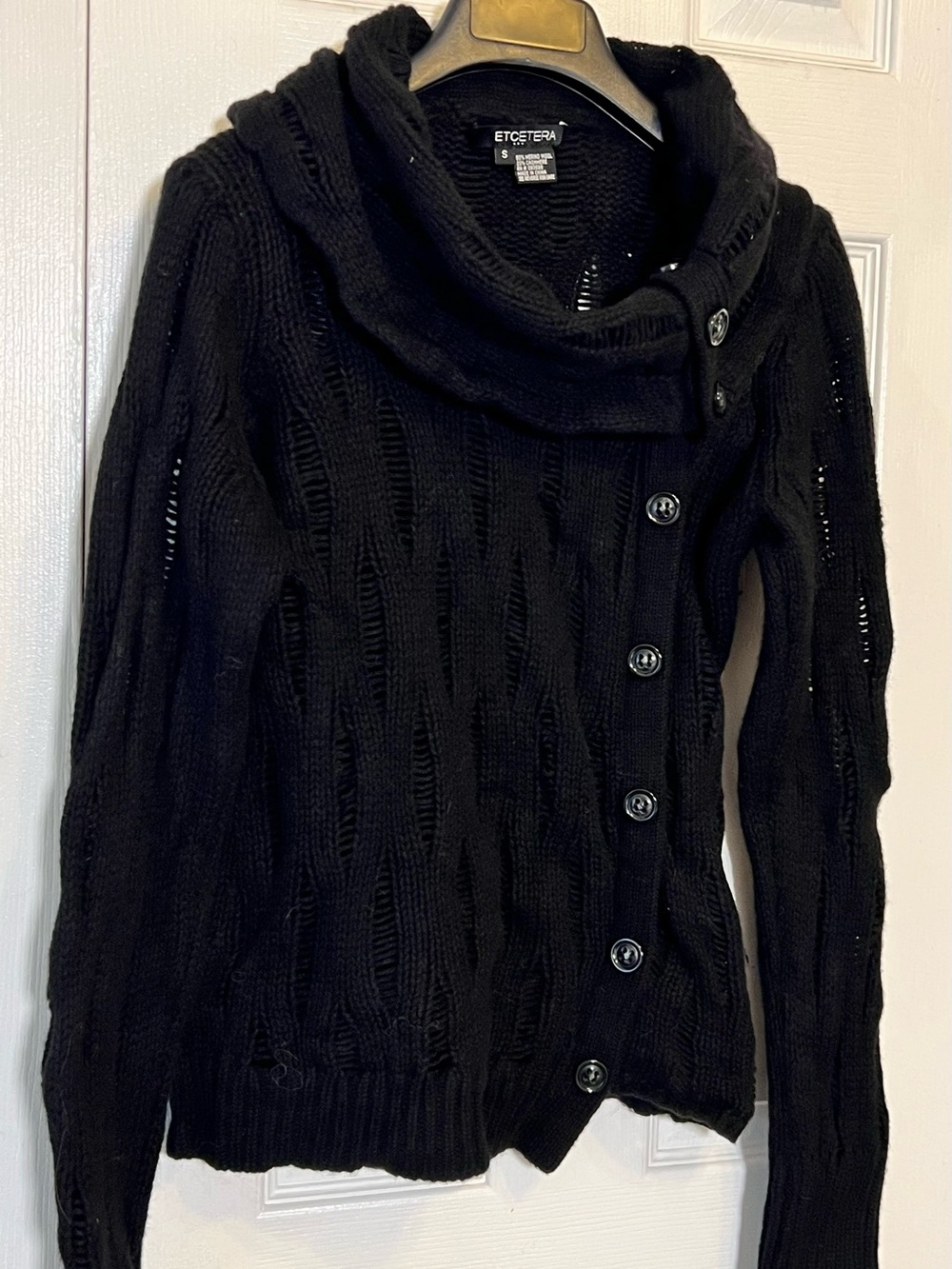 Etcetera Black Button-Front Open-Stitch Cowl Sweater